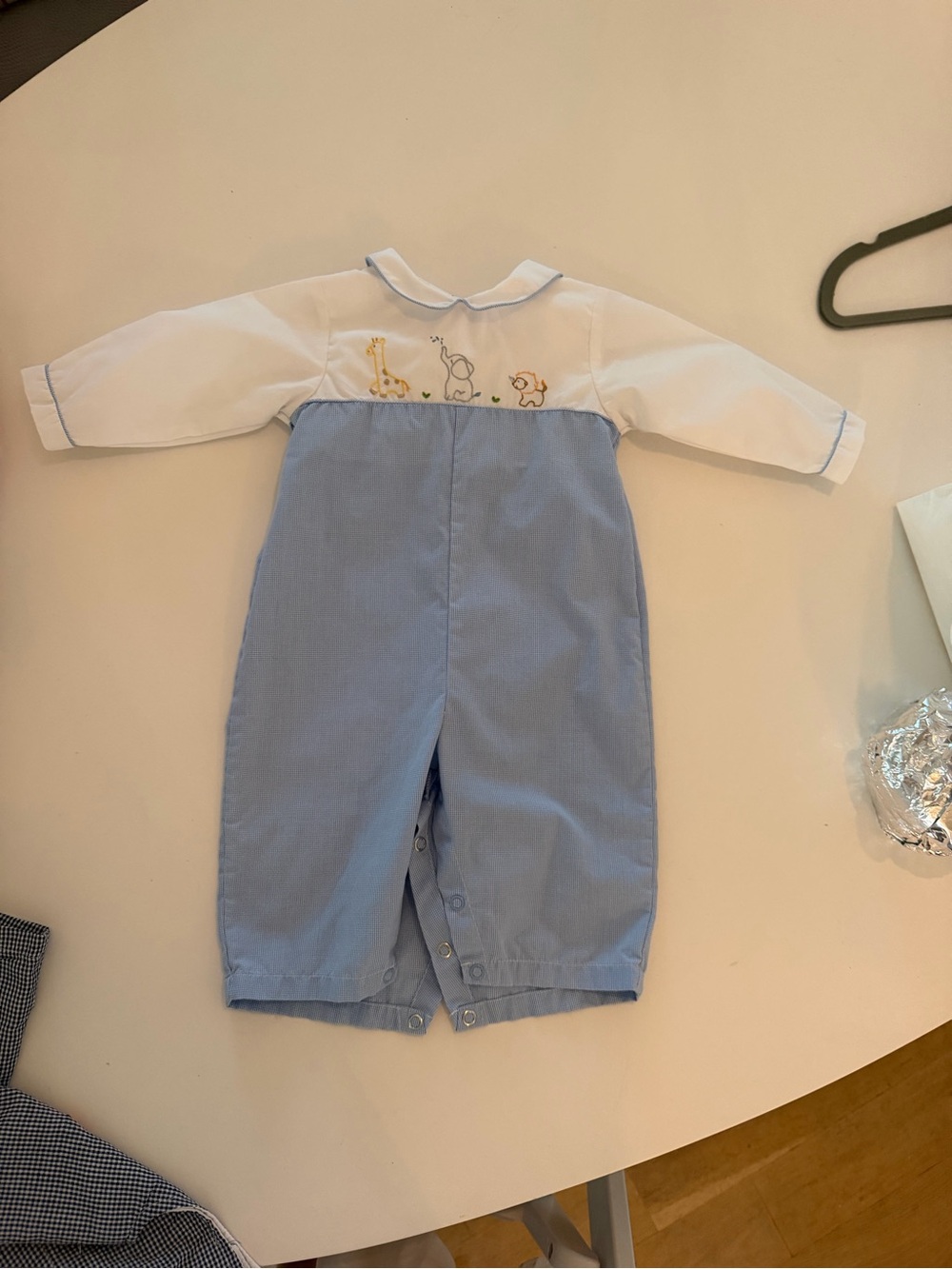 Petit Ami Light Blue and White Animal Embroidered Romper